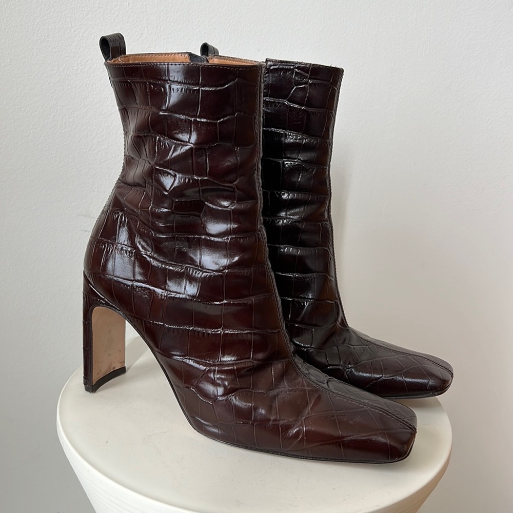 Miista Marcelle Brown Wash Croc Leather Ankle Boot, Sz 39